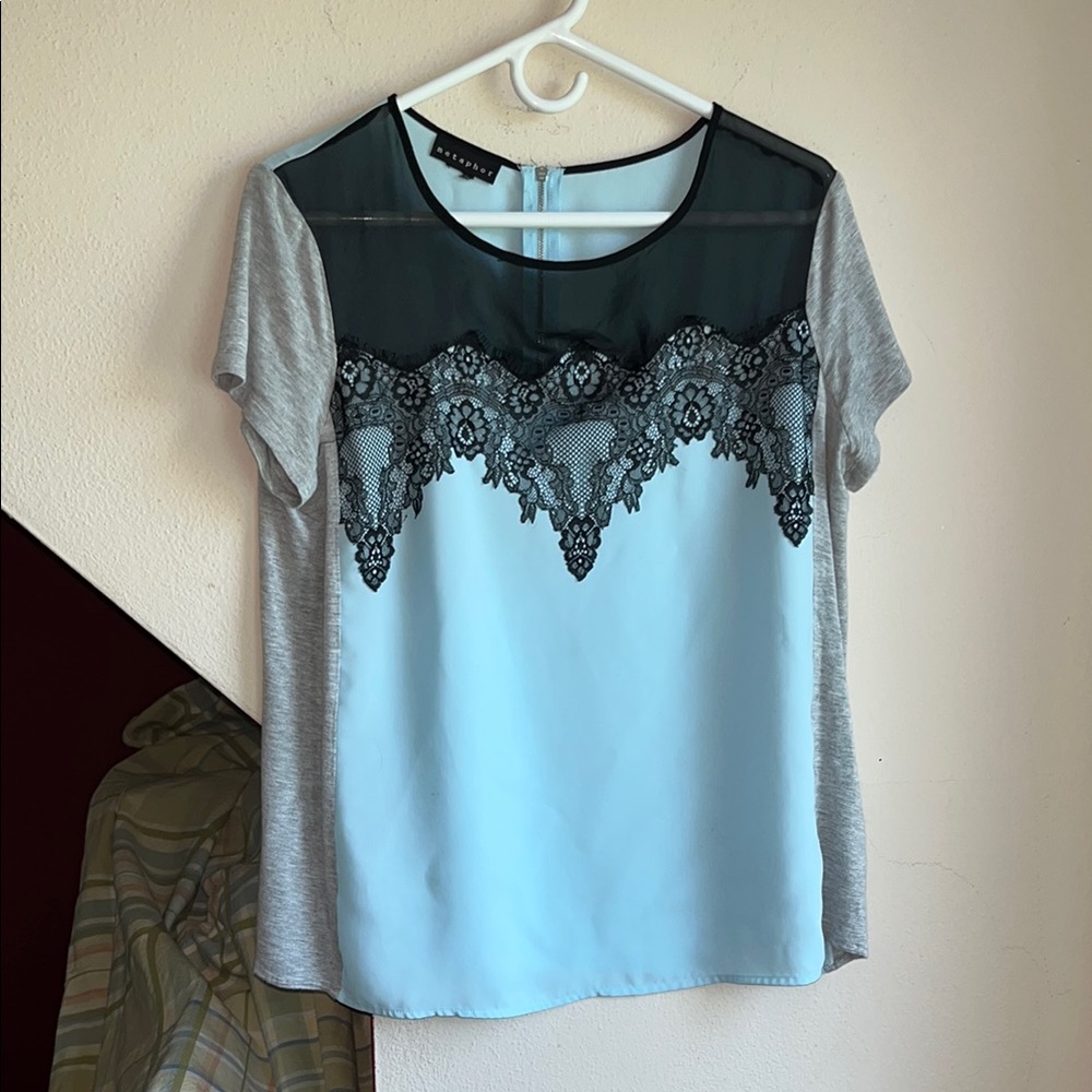 Metaphor Black and Gray Graphic Embellished Blouse